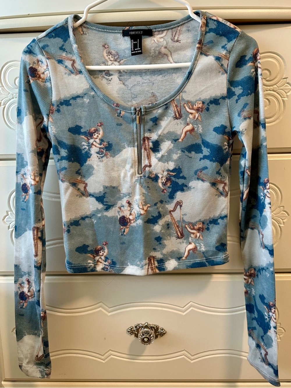 Forever 21 Blue Angel Print Long-Sleeve Zip Front Top